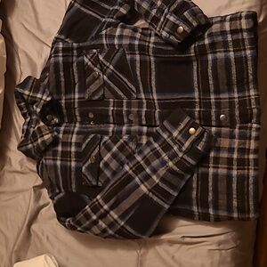 Boys size M(8/10) button down flannel. Black, blue/GRAY